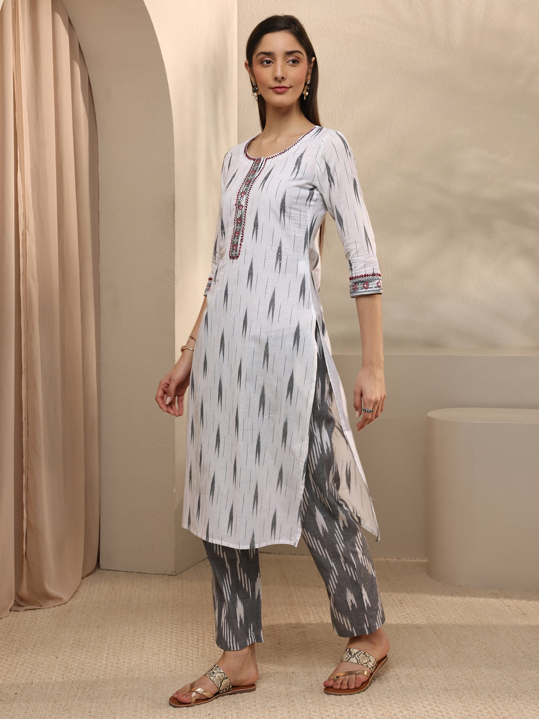  White Ikkat Printed Cotton Straight Suit Set With Dupatta 