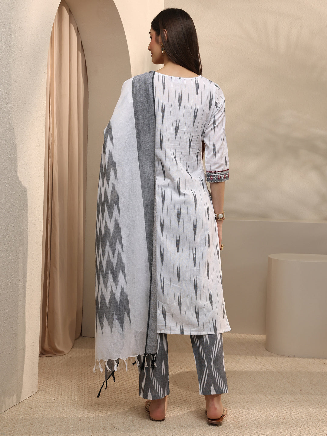  White Ikkat Printed Cotton Straight Suit Set With Dupatta 