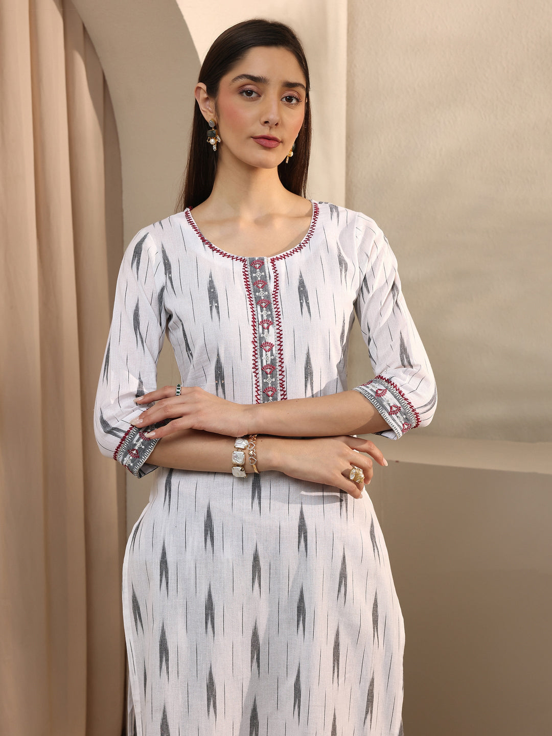  White Ikkat Printed Cotton Straight Suit Set With Dupatta 