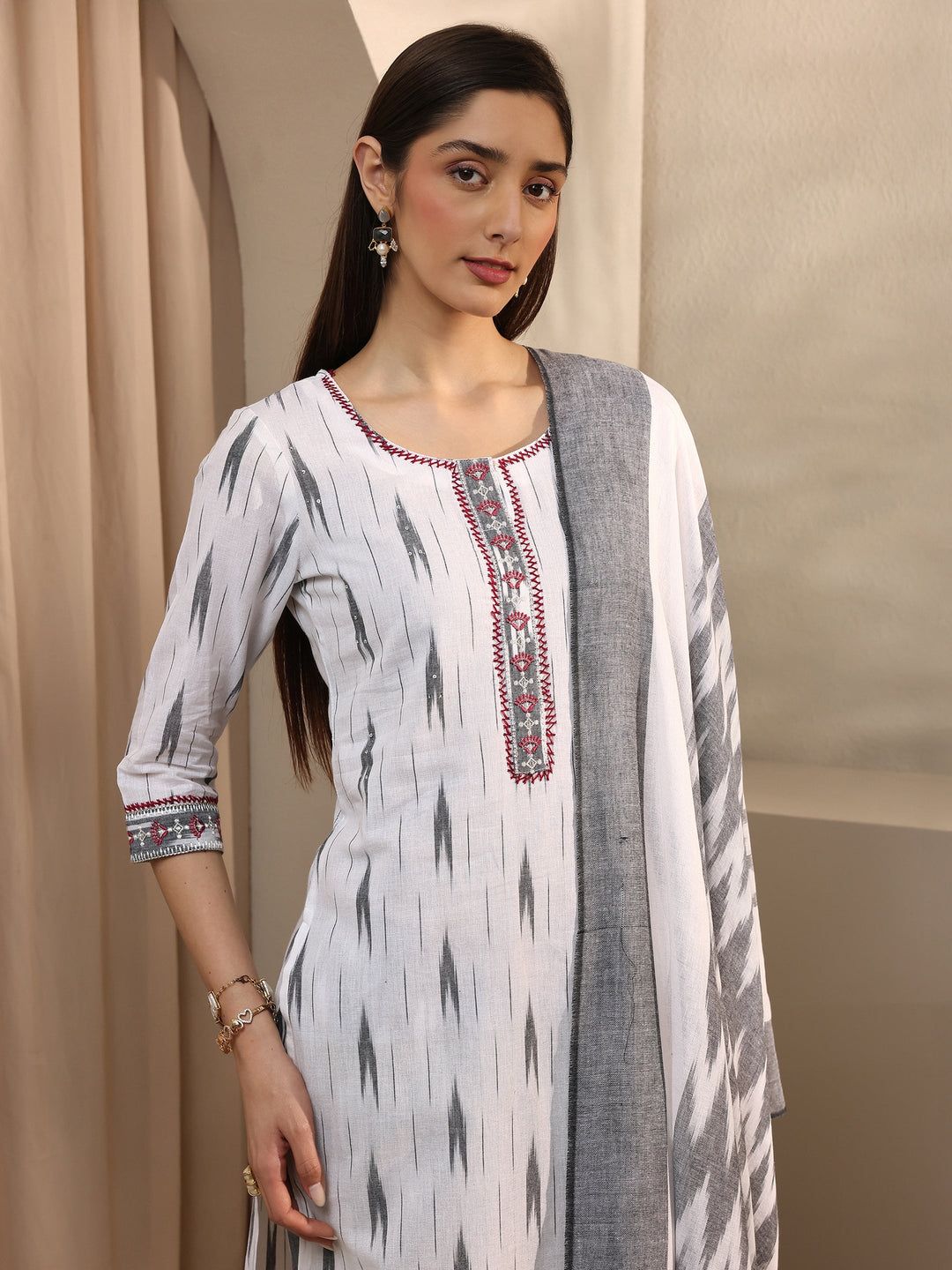  White Ikkat Printed Cotton Straight Suit Set With Dupatta 