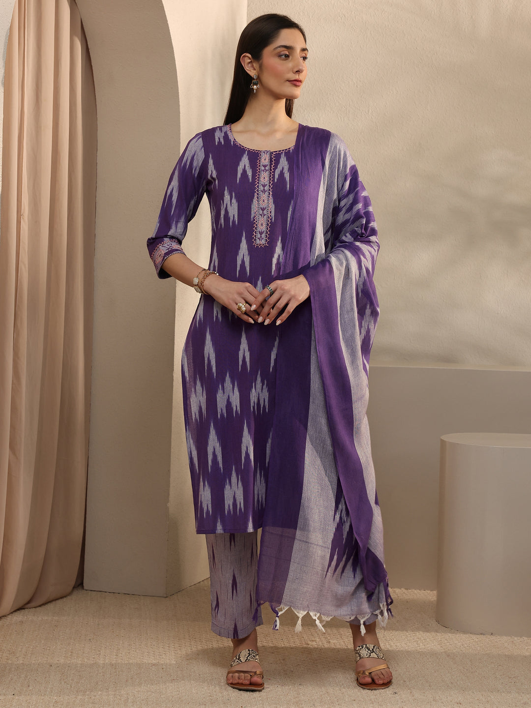  Purple Ikkat Printed Cotton Straight Suit Set With Dupatta 