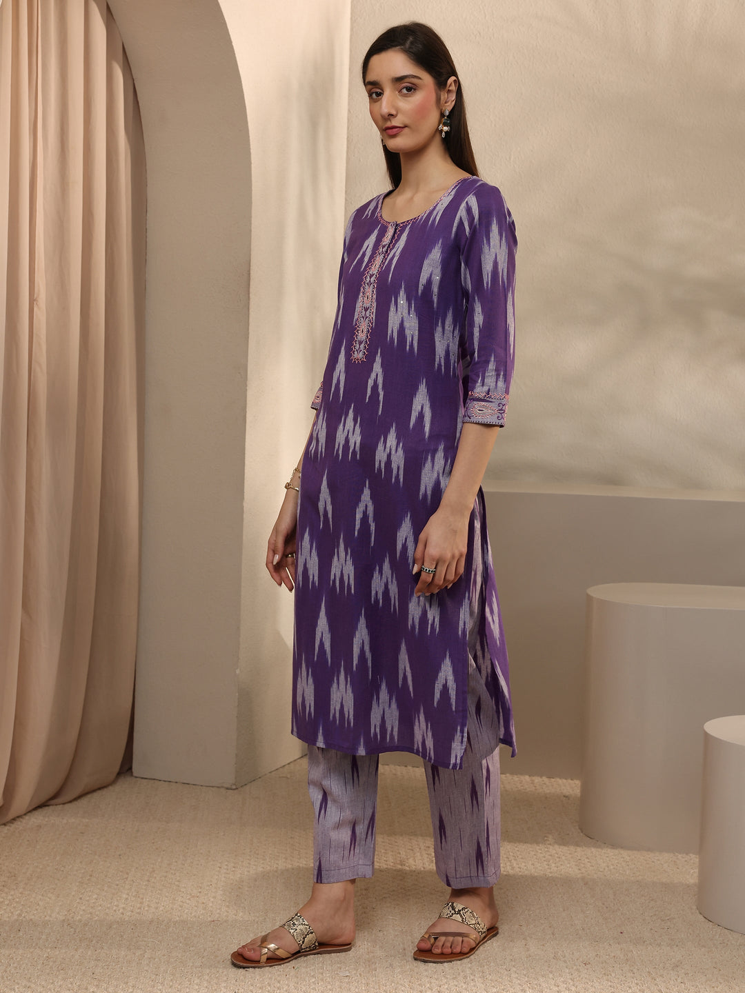  Purple Ikkat Printed Cotton Straight Suit Set With Dupatta 