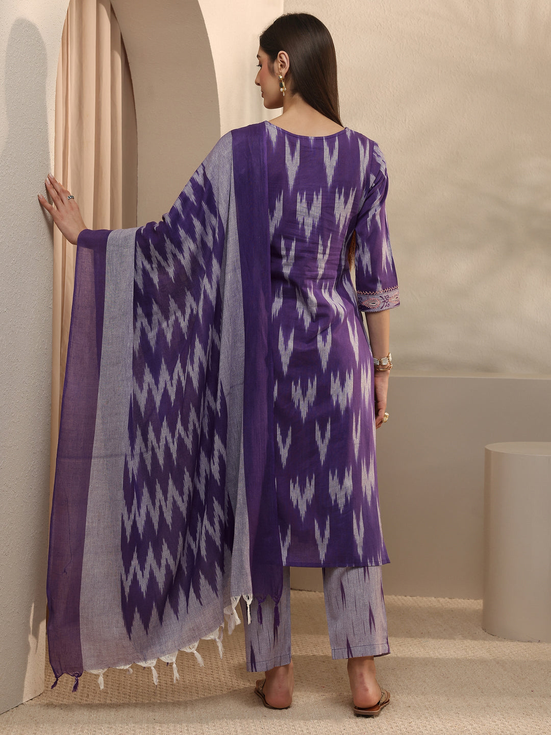  Purple Ikkat Printed Cotton Straight Suit Set With Dupatta 