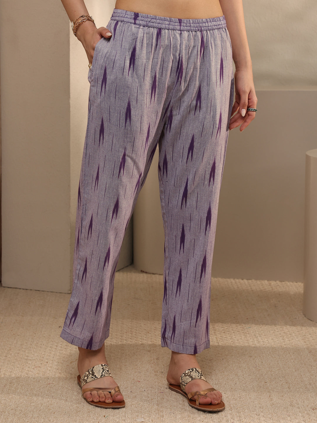  Purple Ikkat Printed Cotton Straight Suit Set With Dupatta 