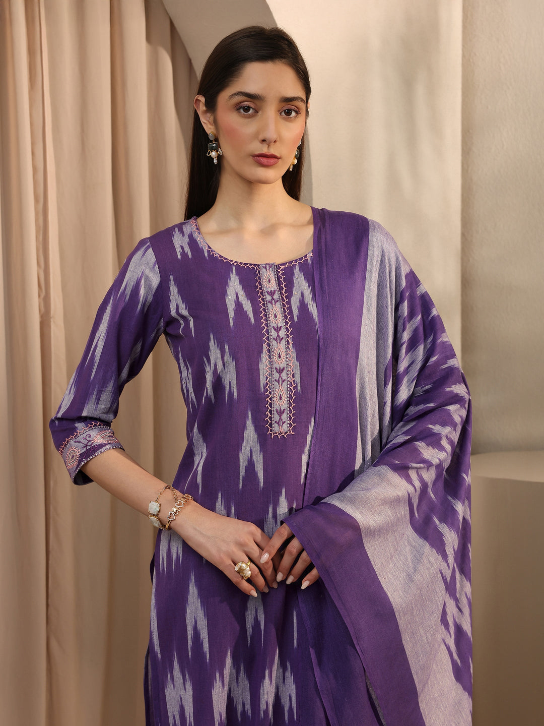  Purple Ikkat Printed Cotton Straight Suit Set With Dupatta 