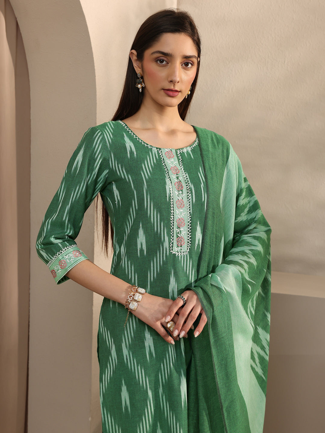  Green Ikkat Printed Cotton Straight Suit Set With Dupatta 