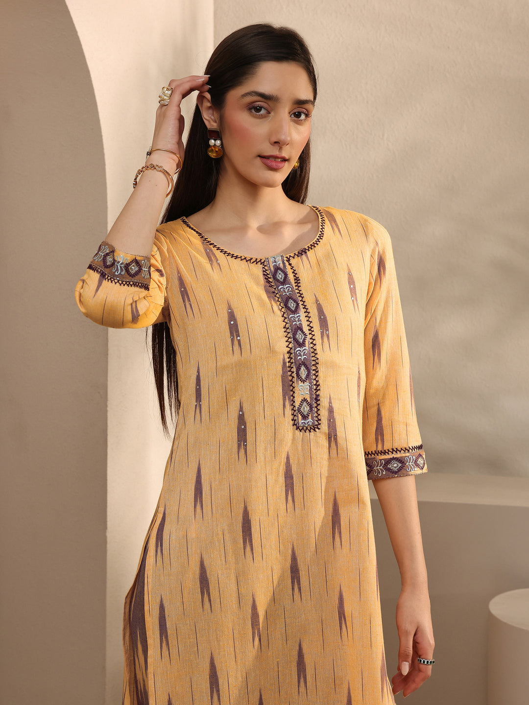  Beige Abstract Printed Cotton Straight Suit Set With Dupatta 