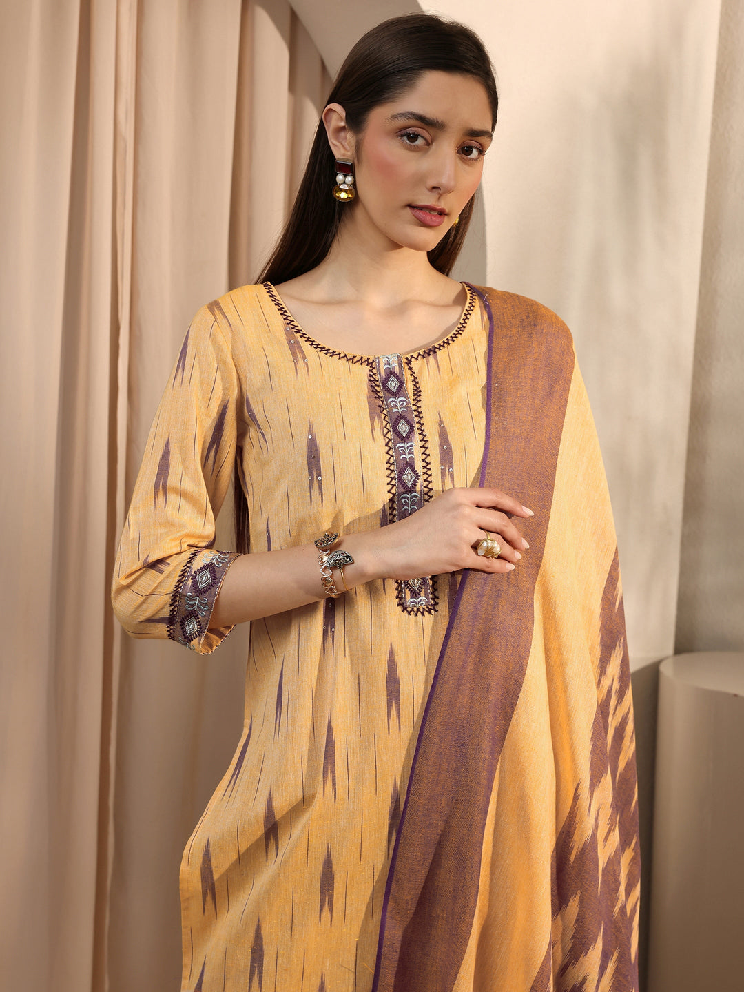  Beige Abstract Printed Cotton Straight Suit Set With Dupatta 