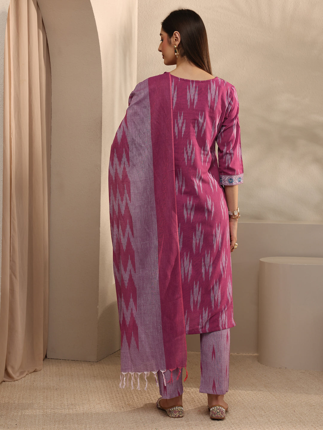  Pink Ikkat Print Cotton Straight Suit Set with Dupatta 