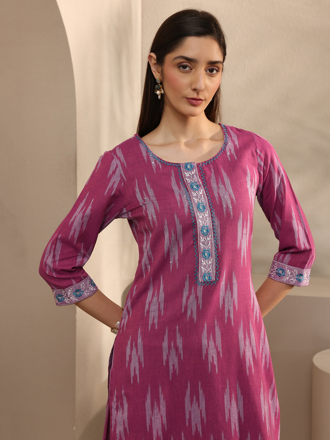  Pink Ikkat Print Cotton Straight Suit Set with Dupatta 