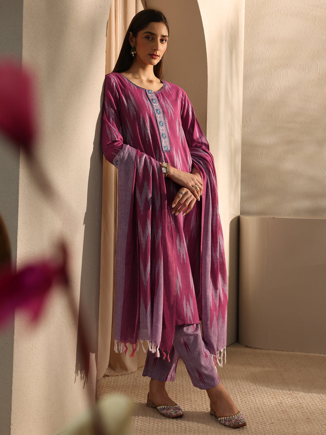  Pink Ikkat Print Cotton Straight Suit Set with Dupatta 