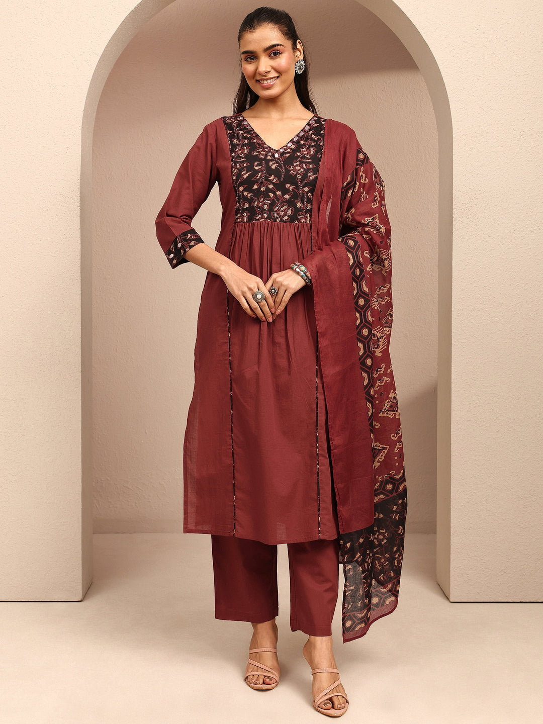  Rust Printed Cotton A-Line Suit Set With Dupatta 