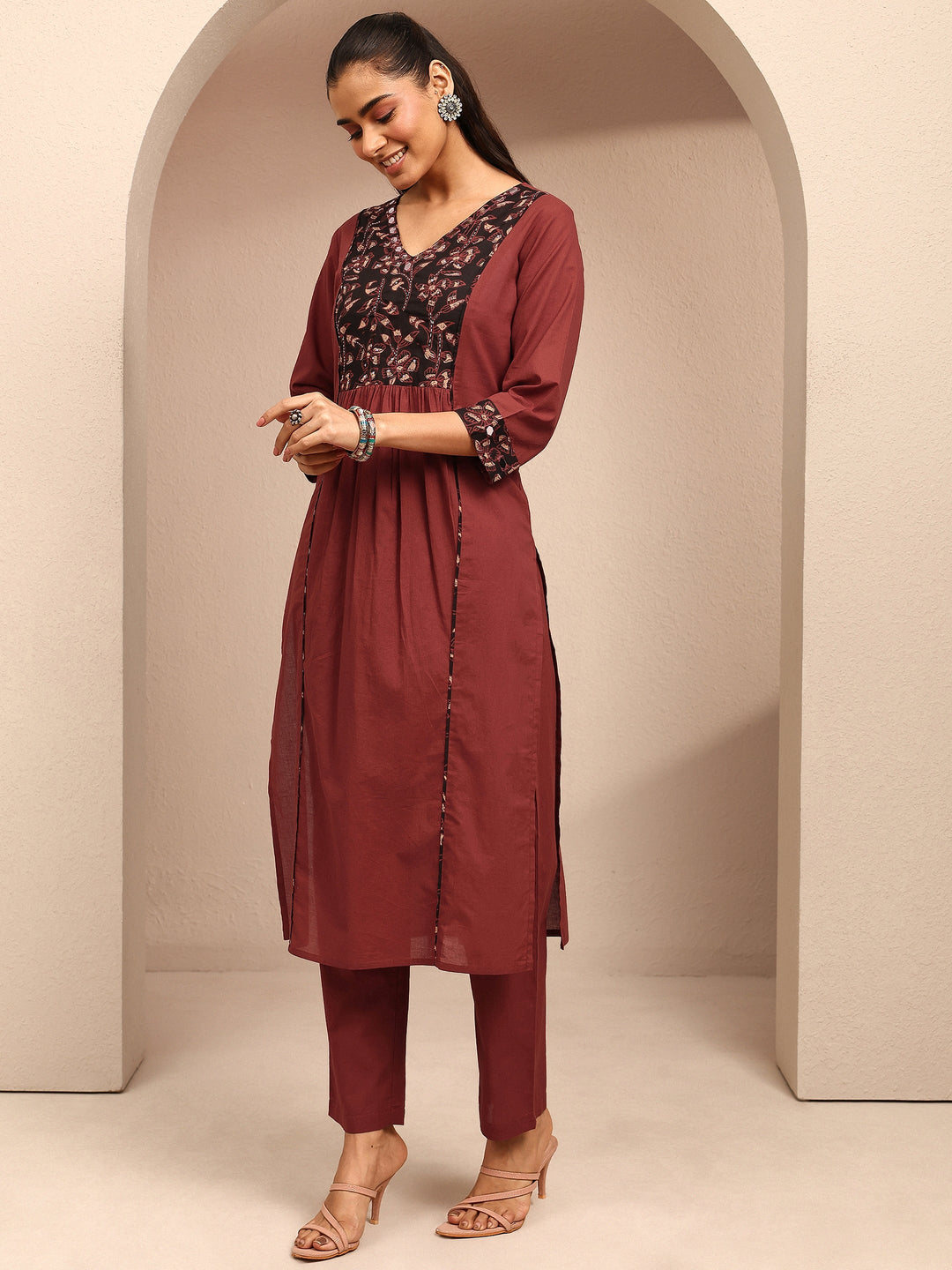  Rust Printed Cotton A-Line Suit Set With Dupatta 