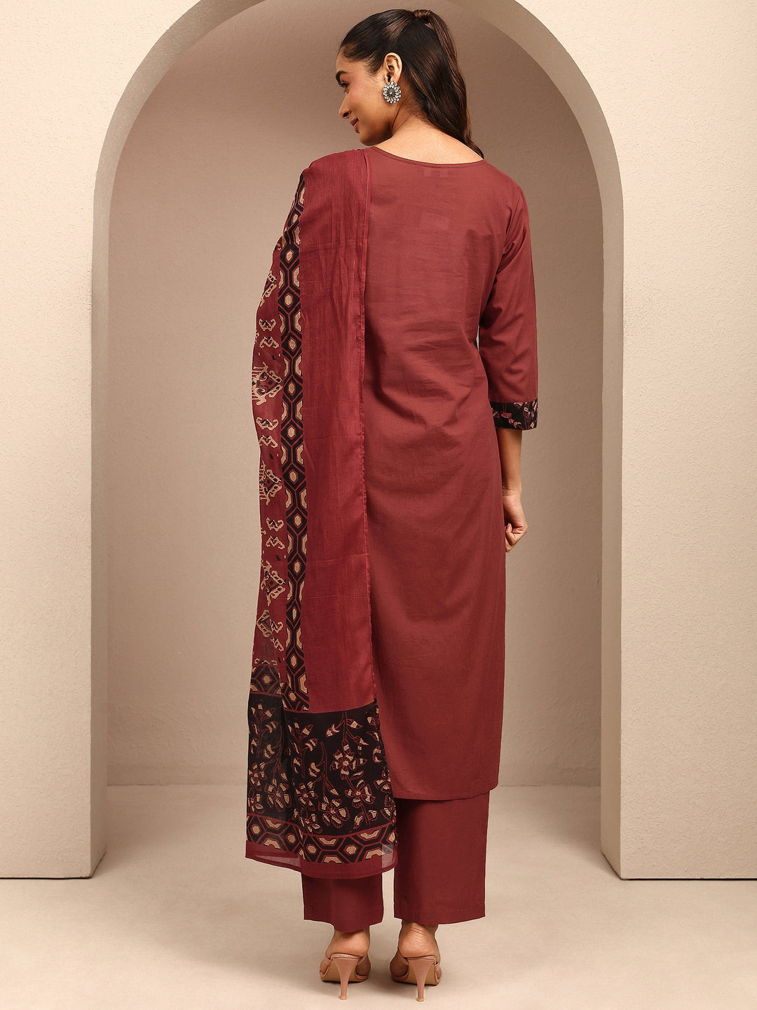  Rust Printed Cotton A-Line Suit Set With Dupatta 