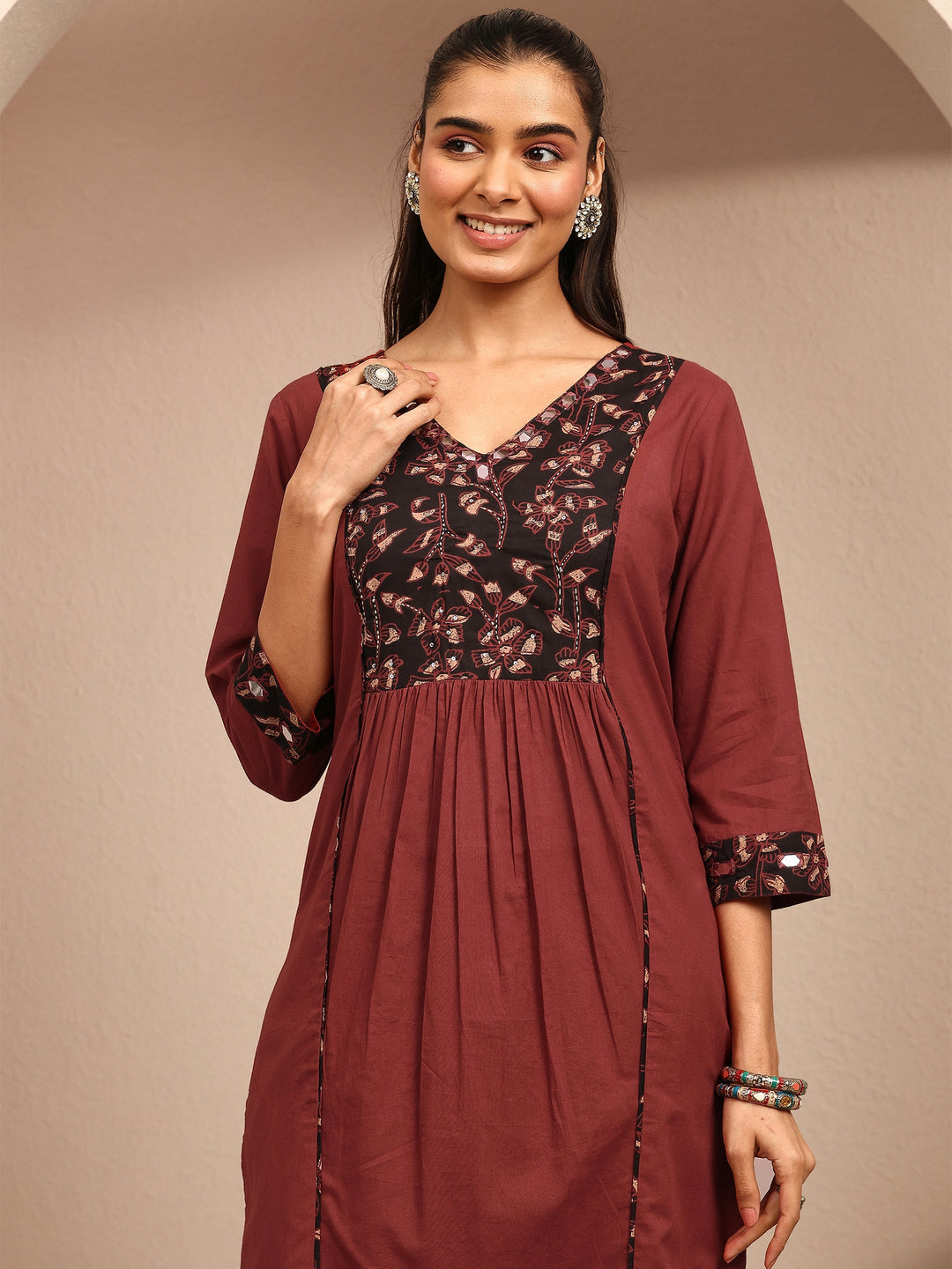  Rust Printed Cotton A-Line Suit Set With Dupatta 