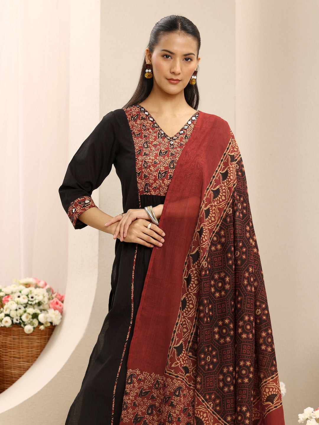  Black Floral Printed Cotton Straight Suit Set With Dupatta 