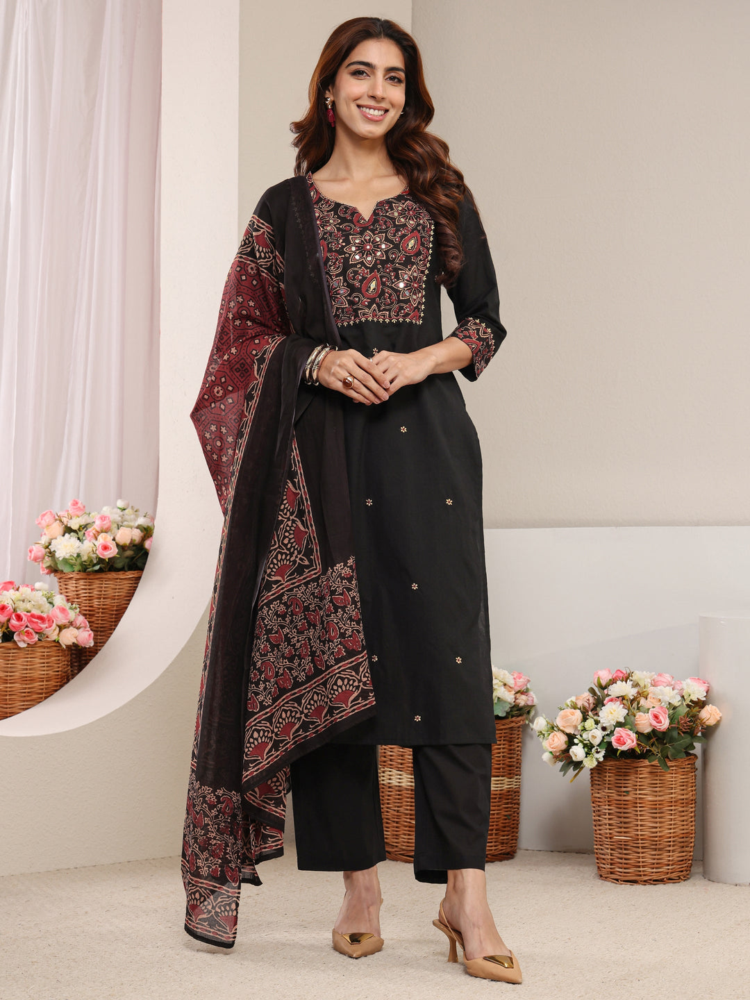  Black Ethnic Printed Cotton Straight Suit Set with Dupatta 