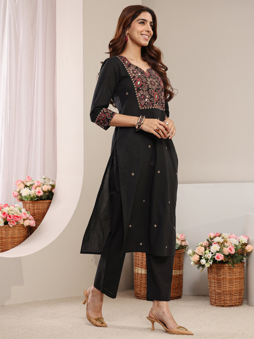  Black Ethnic Printed Cotton Straight Suit Set with Dupatta 