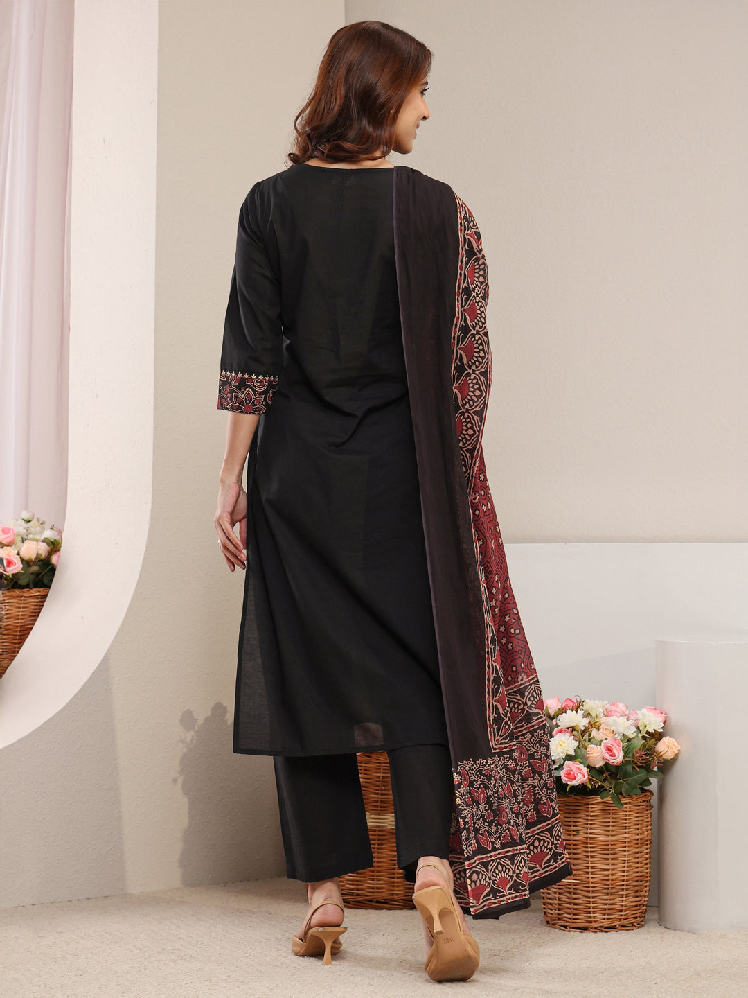  Black Ethnic Printed Cotton Straight Suit Set with Dupatta 
