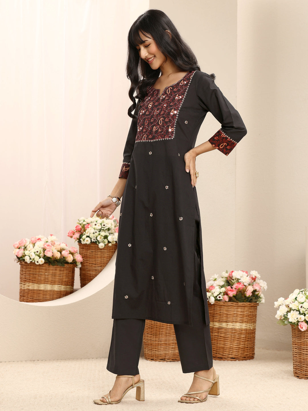  Black Embroidered Cotton Straight Suit Set With Dupatta 