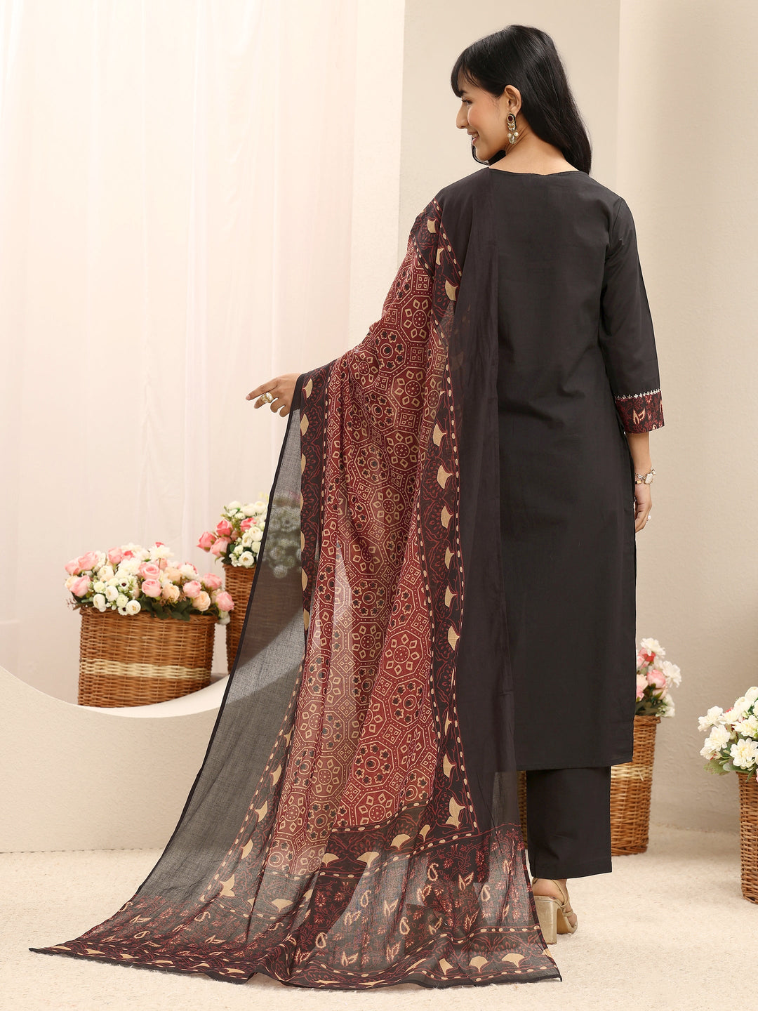  Black Embroidered Cotton Straight Suit Set With Dupatta 