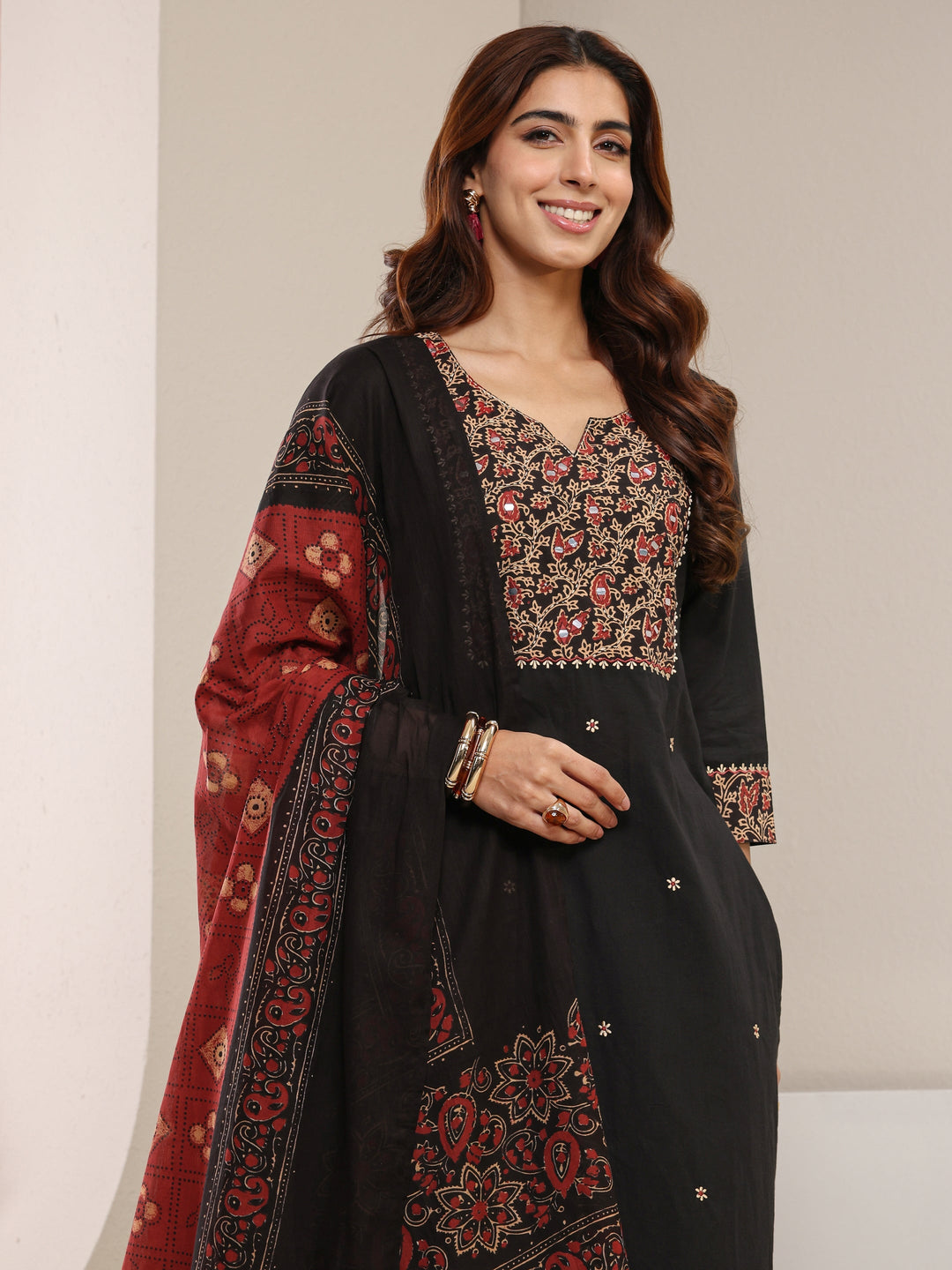  Black Floral Printed Cotton Straight Suit Set with Dupatta 