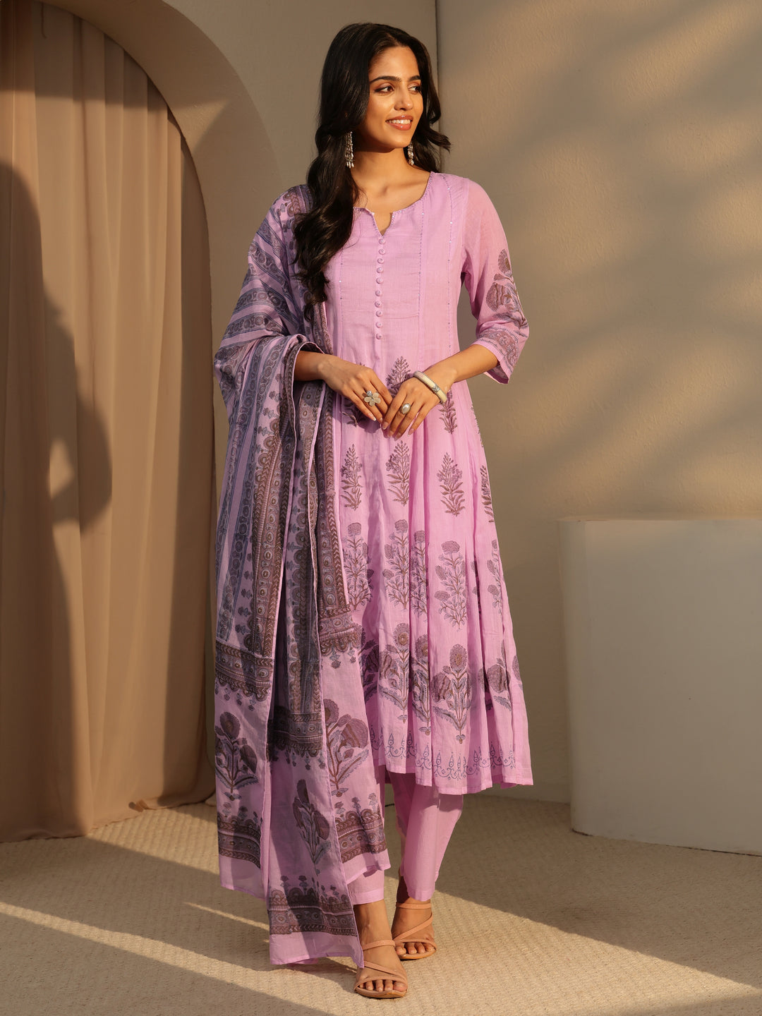 Lavender Printed Cotton Straight Suit Set With Dupatta