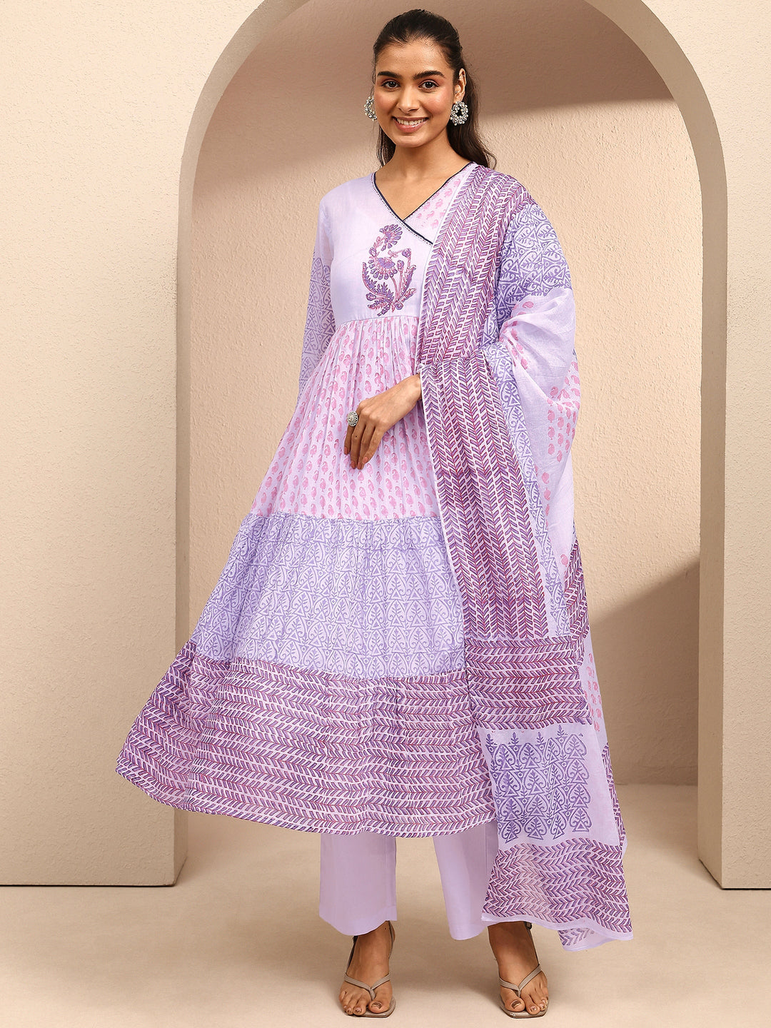  Lavender Paisley Printed Cotton Anarkali Suit Set With Dupatta 