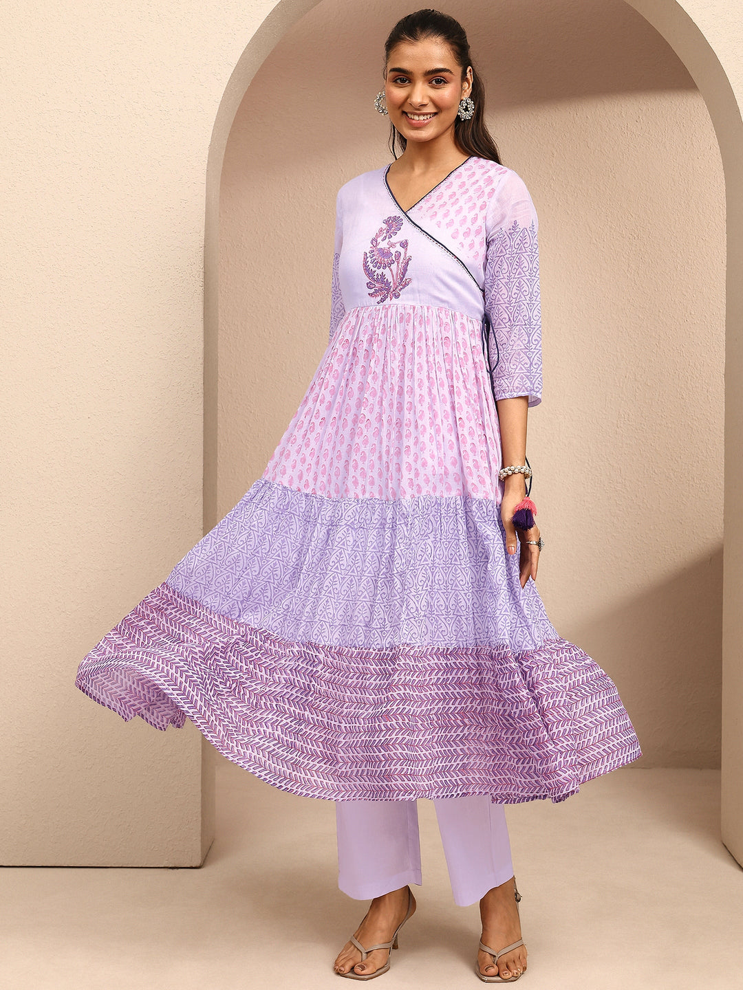 Lavender Paisley Printed Cotton Anarkali Suit Set With Dupatta 