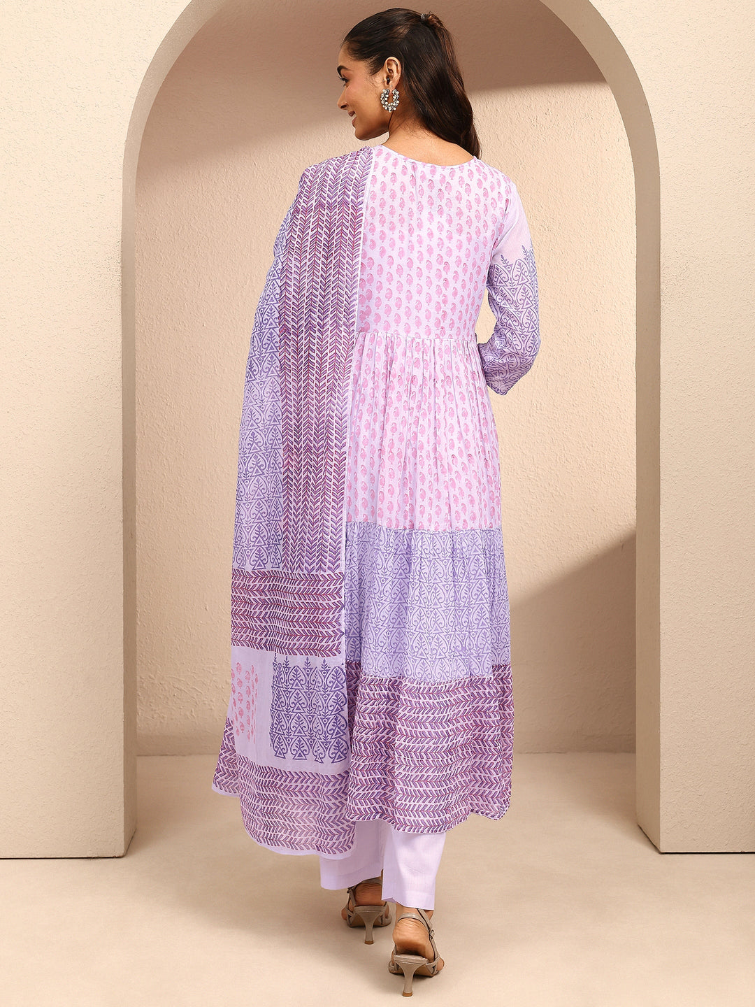  Lavender Paisley Printed Cotton Anarkali Suit Set With Dupatta 