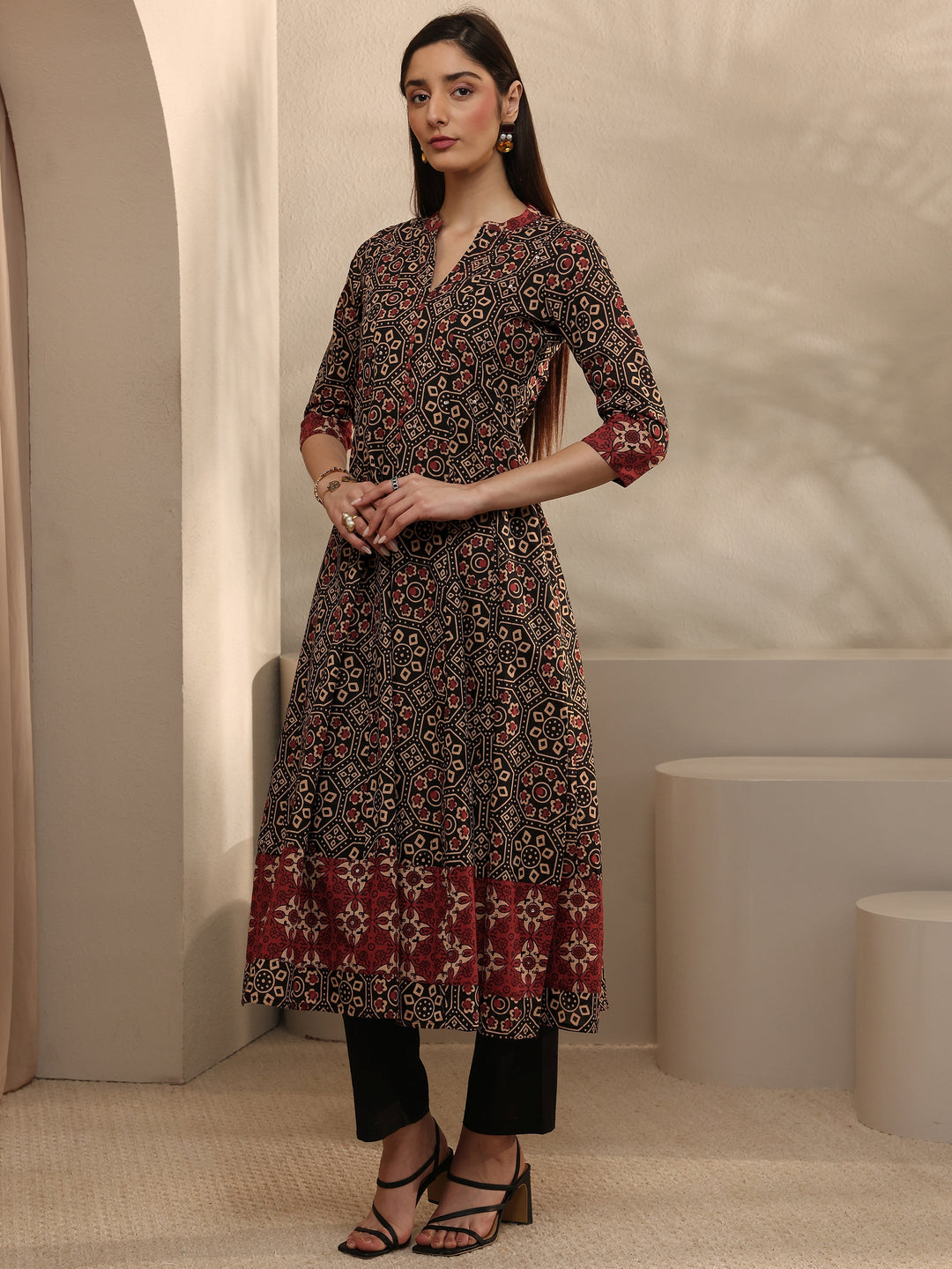  Black Printed Cotton Anarkali Suit Set With Dupatta 