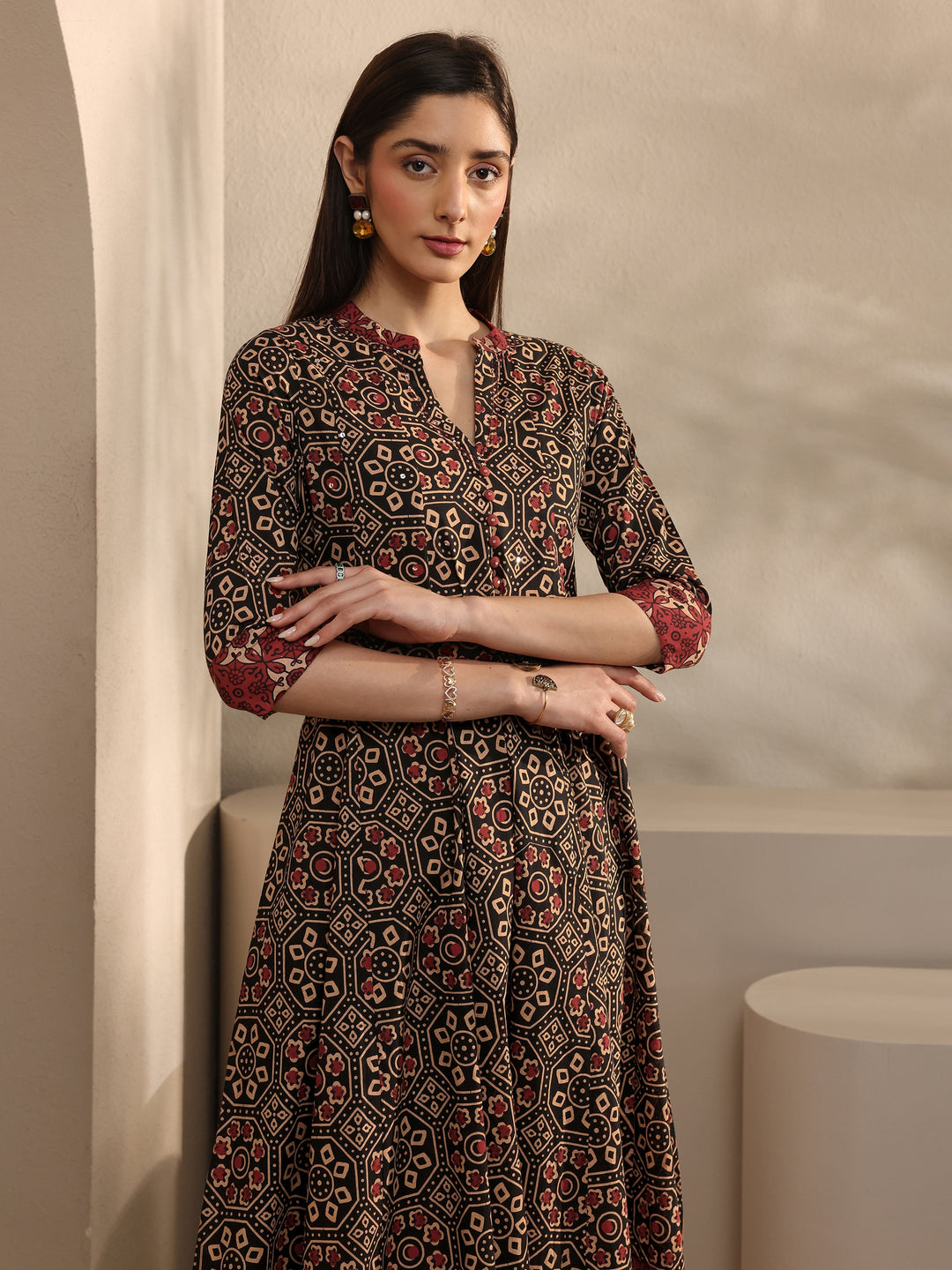  Black Printed Cotton Anarkali Suit Set With Dupatta 