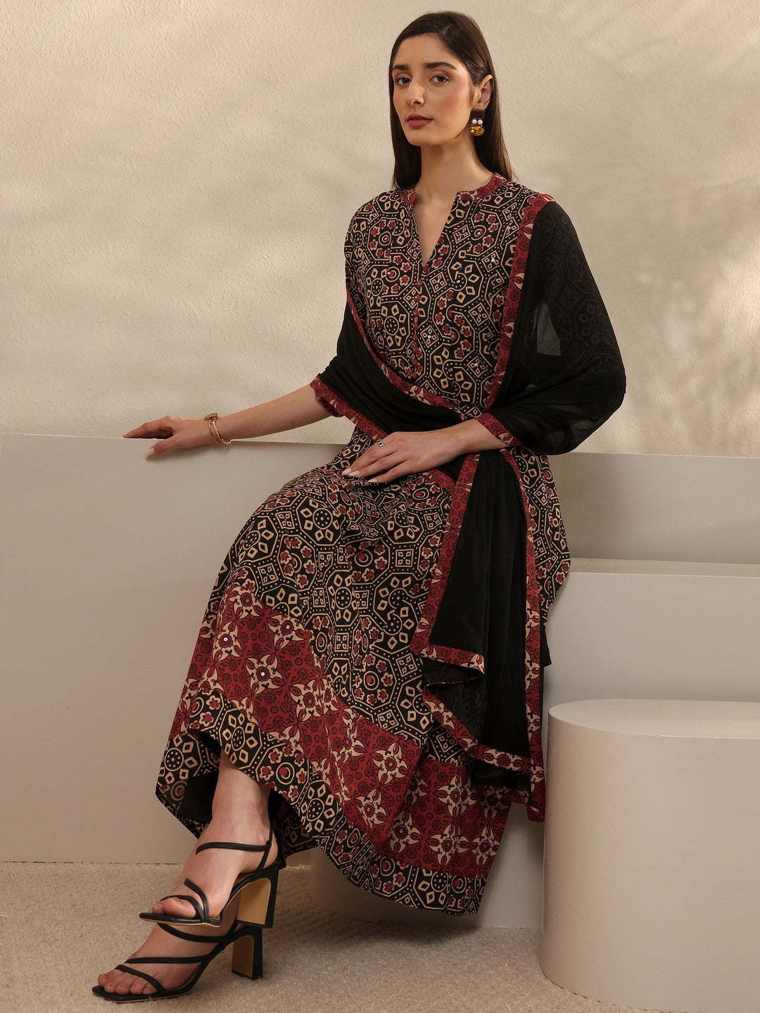  Black Printed Cotton Anarkali Suit Set With Dupatta 
