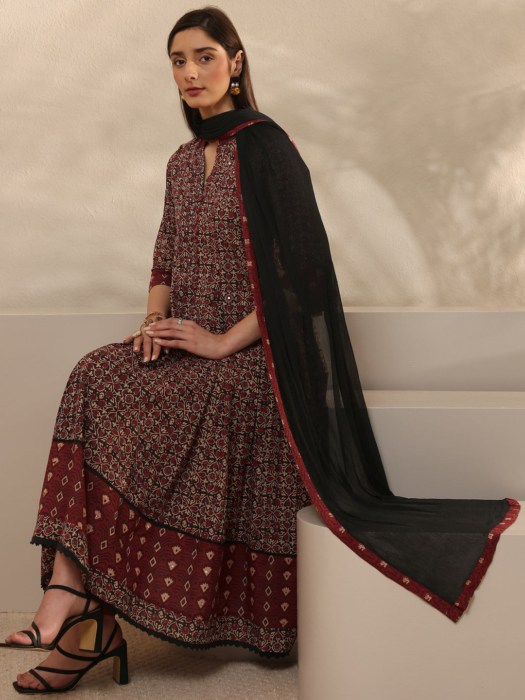  Black Floral Printed Cotton Anarkali Suit Set With Dupatta 