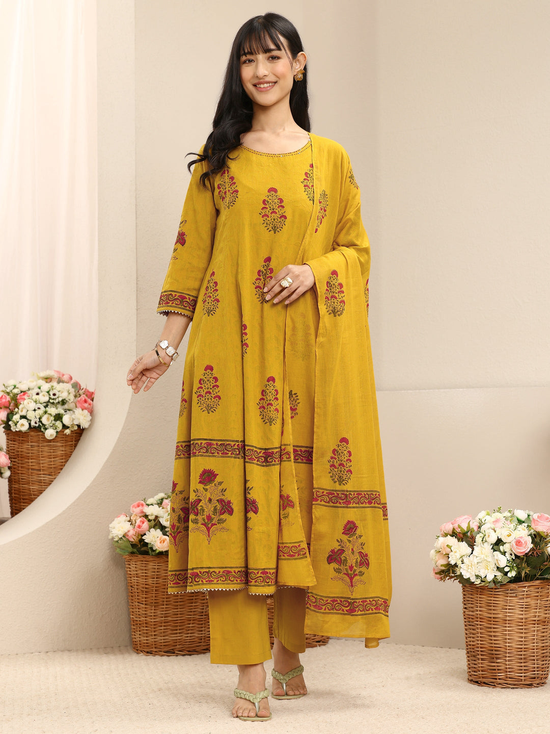  Mustard Floral Printed Cotton Anarkali Suit Set With Dupatta 