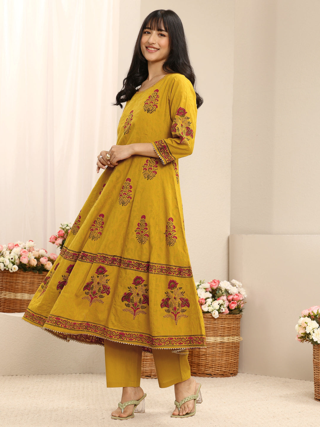  Mustard Floral Printed Cotton Anarkali Suit Set With Dupatta 