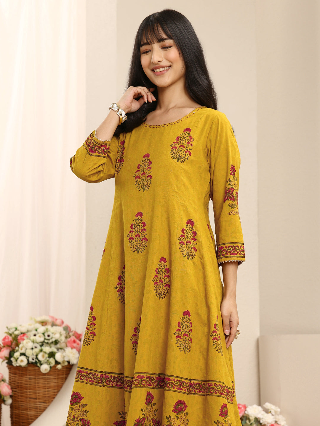  Mustard Floral Printed Cotton Anarkali Suit Set With Dupatta 