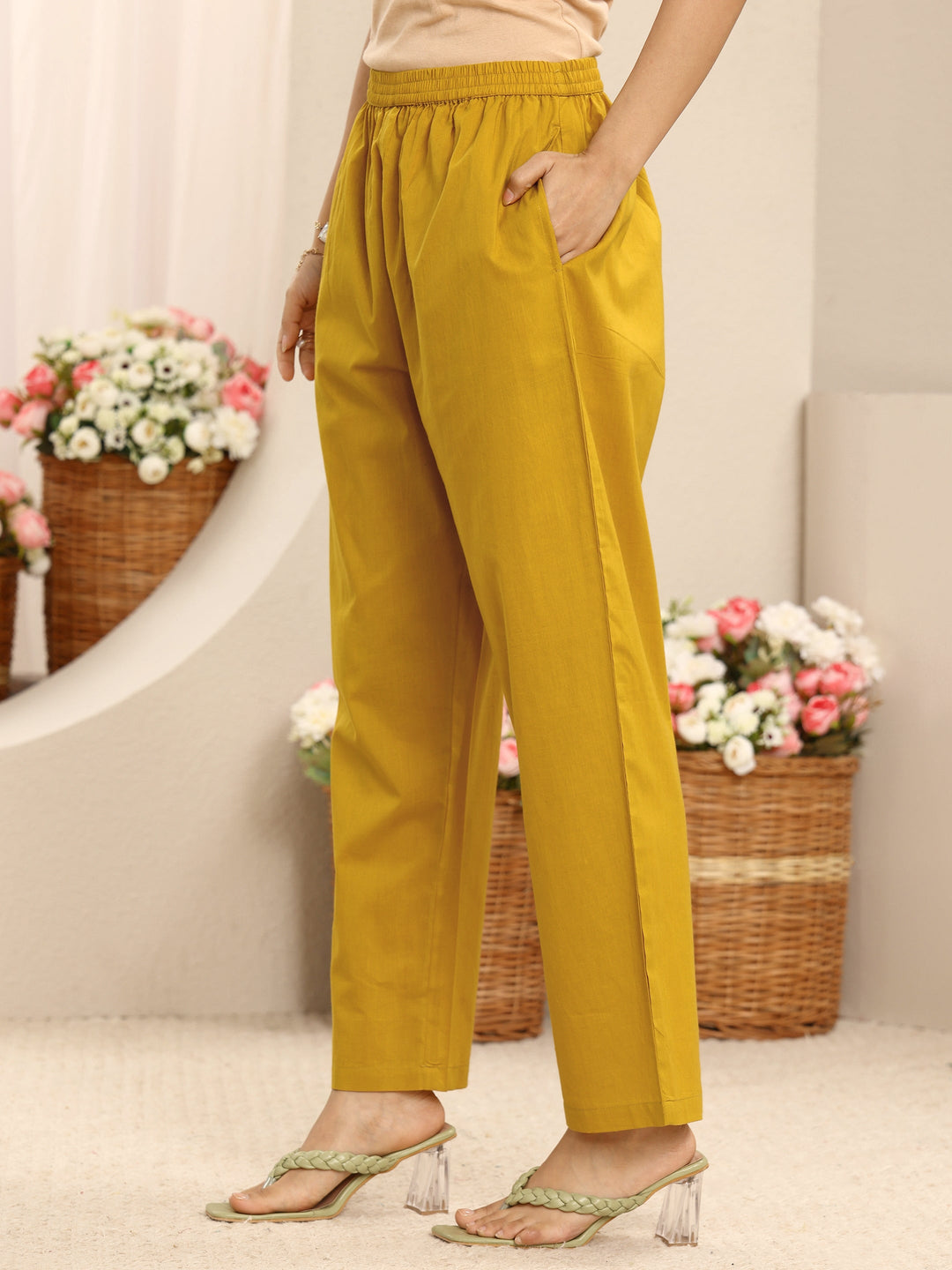  Mustard Floral Printed Cotton Anarkali Suit Set With Dupatta 