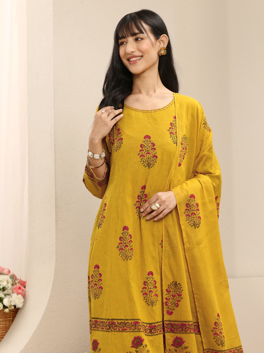  Mustard Floral Printed Cotton Anarkali Suit Set With Dupatta 