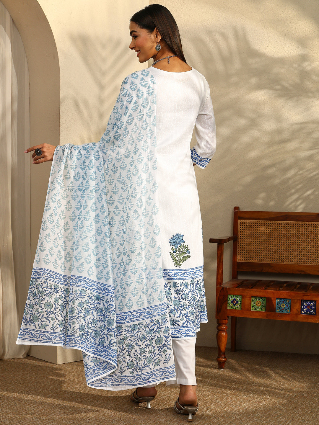  White Printed Cotton Anarkali Suit Set With Dupatta 