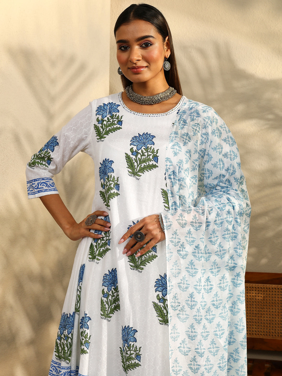  White Printed Cotton Anarkali Suit Set With Dupatta 