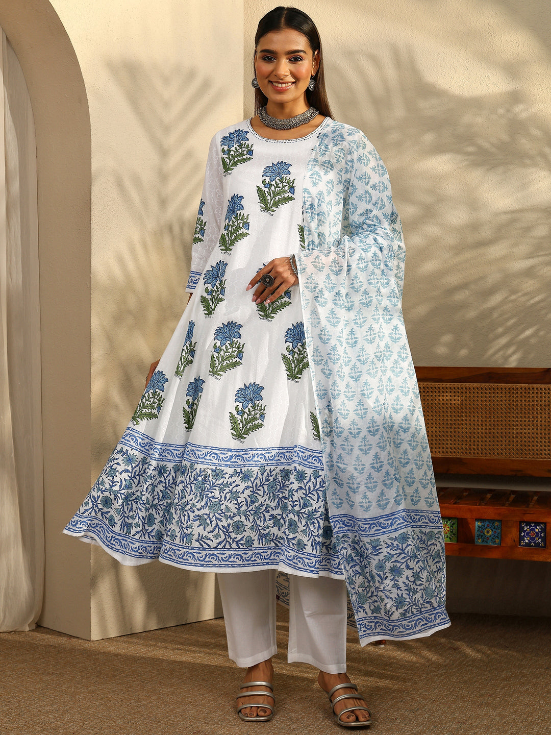  White Printed Cotton Anarkali Suit Set With Dupatta 