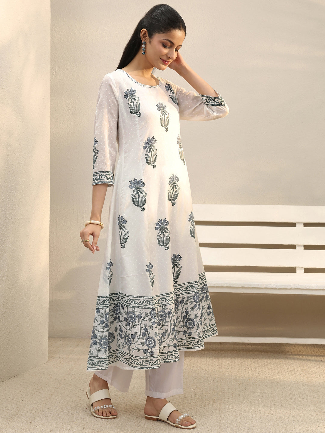  White Floral Printed Cotton Anarkali Suit Set 