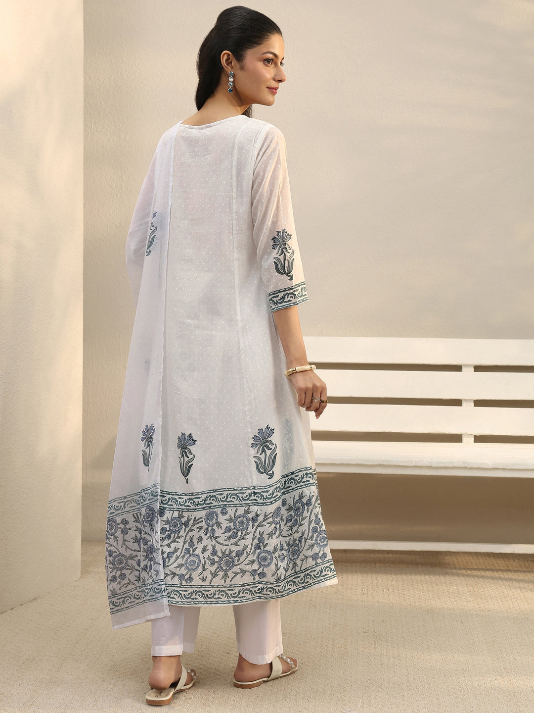  White Floral Printed Cotton Anarkali Suit Set 