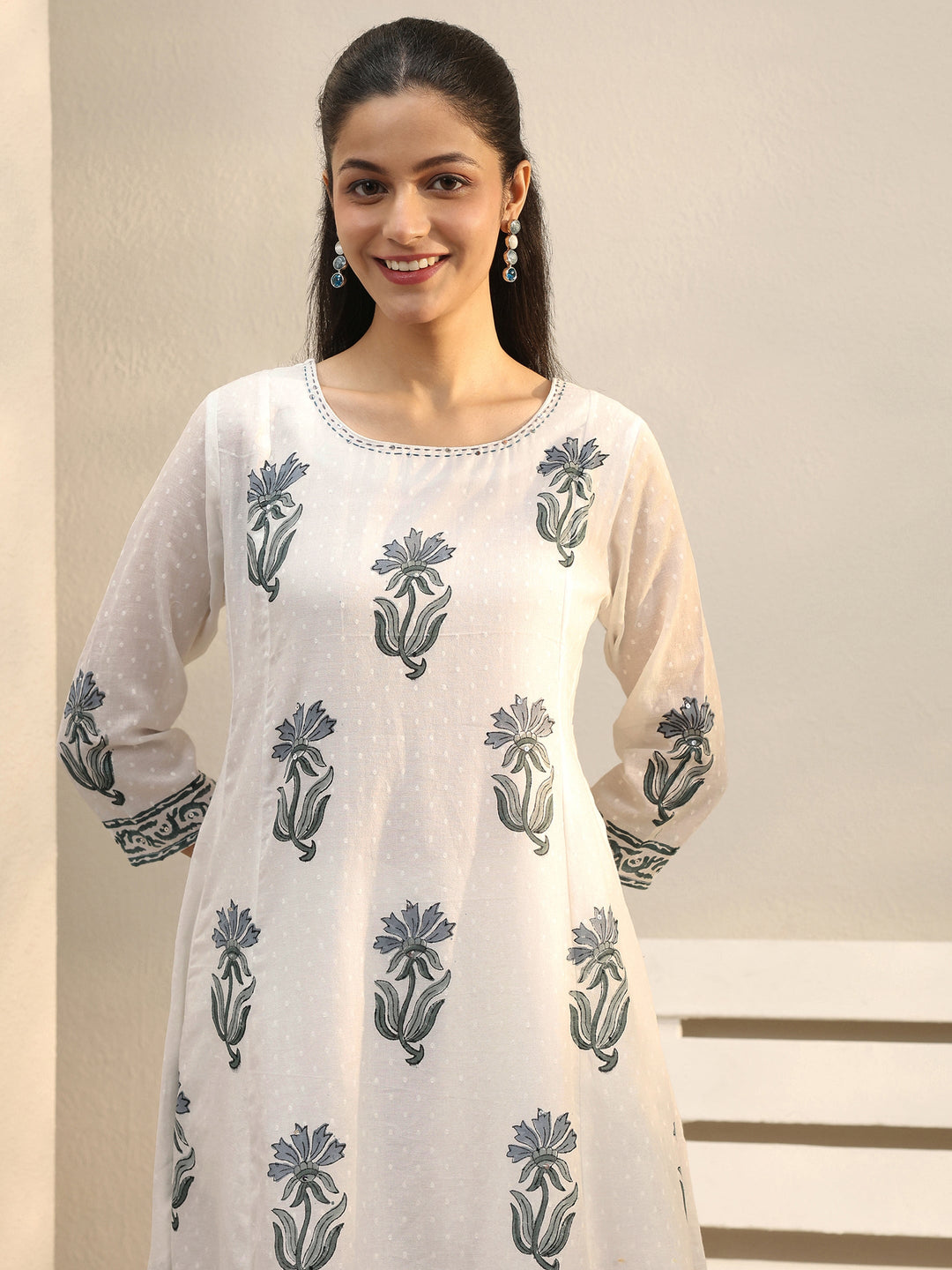  White Floral Printed Cotton Anarkali Suit Set 