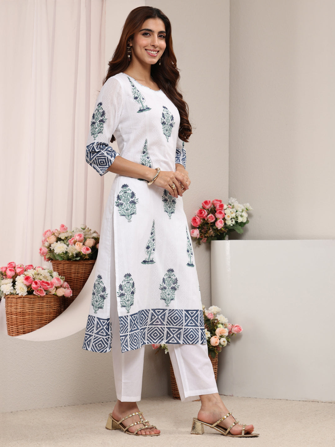  White Multi Printed Cotton Straight Suit Set With Dupatta 