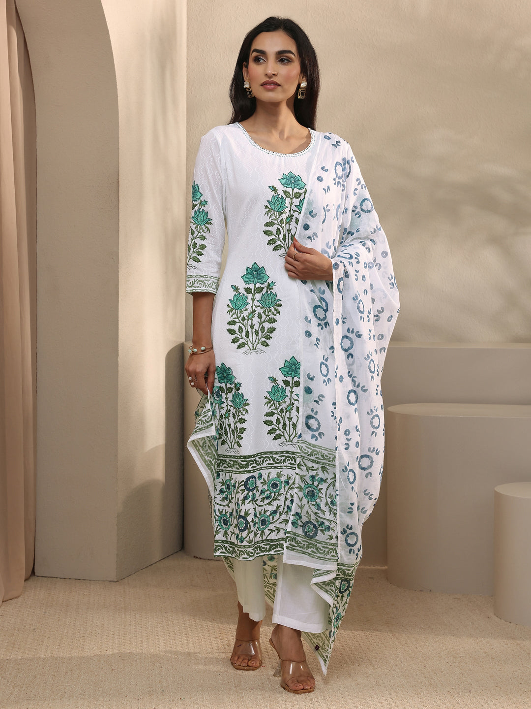  White Floral Printed Cotton Straight Suit Set With Dupatta 