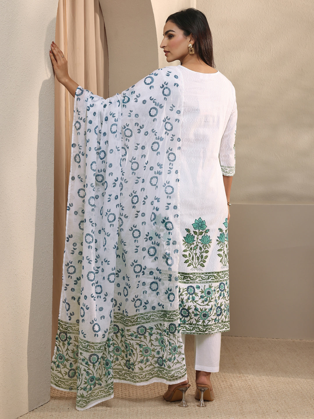  White Floral Printed Cotton Straight Suit Set With Dupatta 