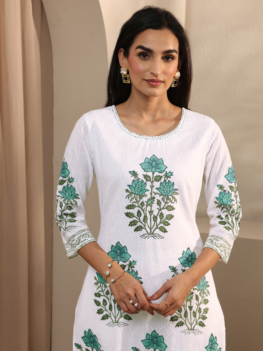  White Floral Printed Cotton Straight Suit Set With Dupatta 