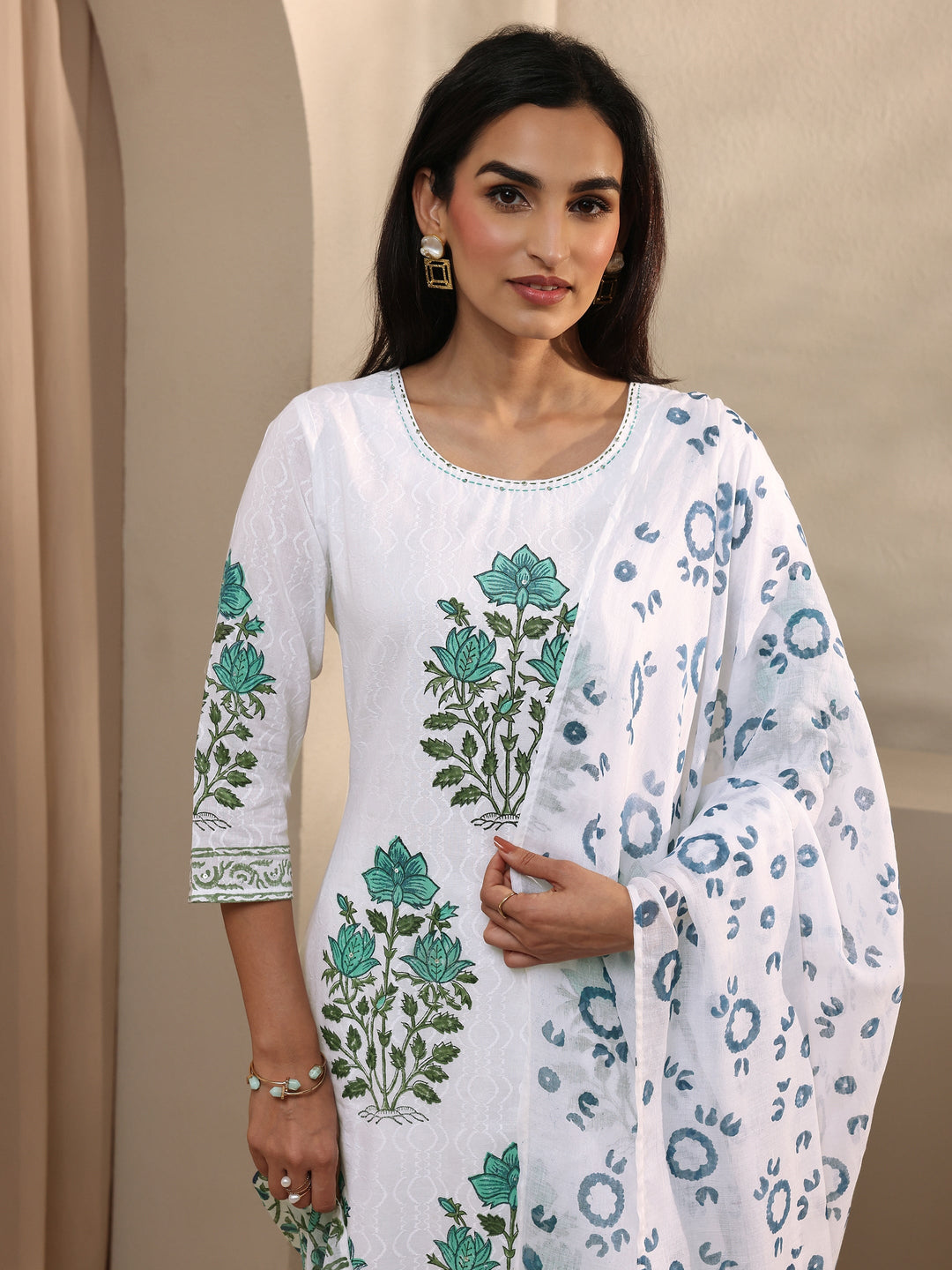  White Floral Printed Cotton Straight Suit Set With Dupatta 